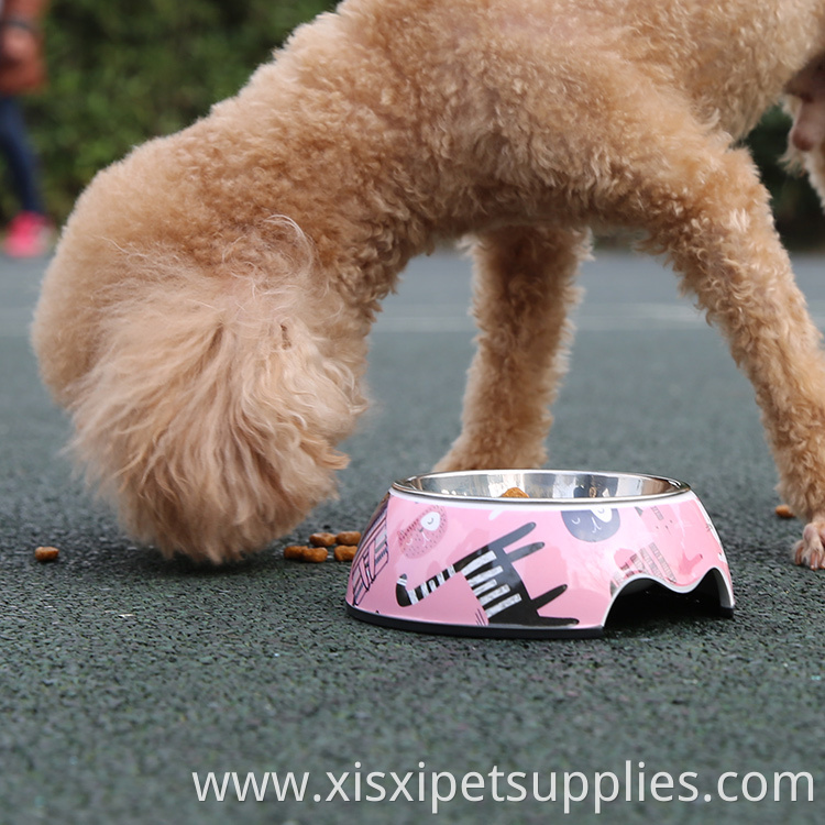 Customized Cute Pink Pet Bowl Non-slip Raised Steel Melamine Dog Bowl